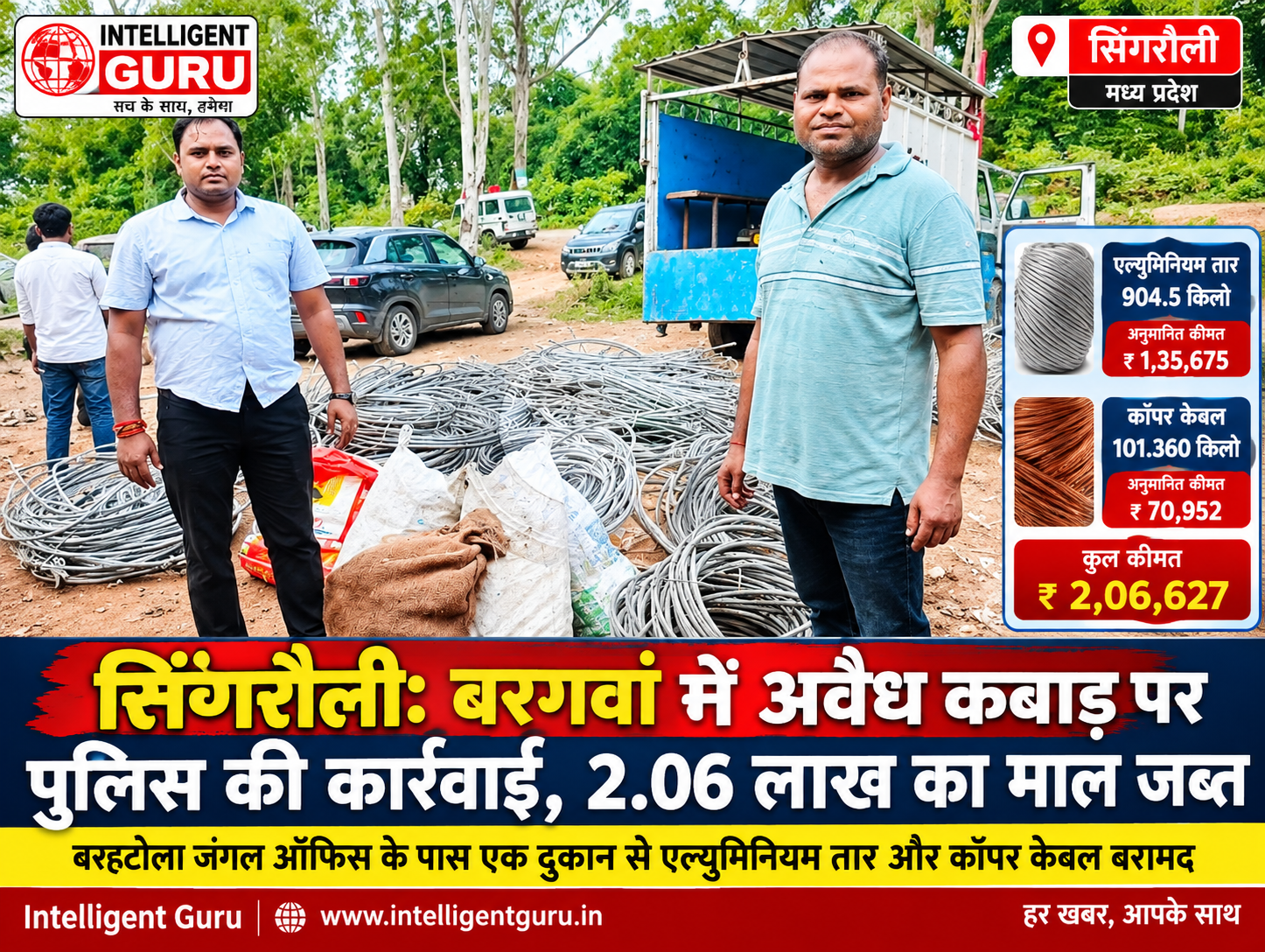 सिंगरौली: बरगवां में अवैध कबाड़ पर पुलिस की कार्रवाई, 2.06 लाख रुपये का एल्युमिनियम तार और कॉपर केबल जब्त